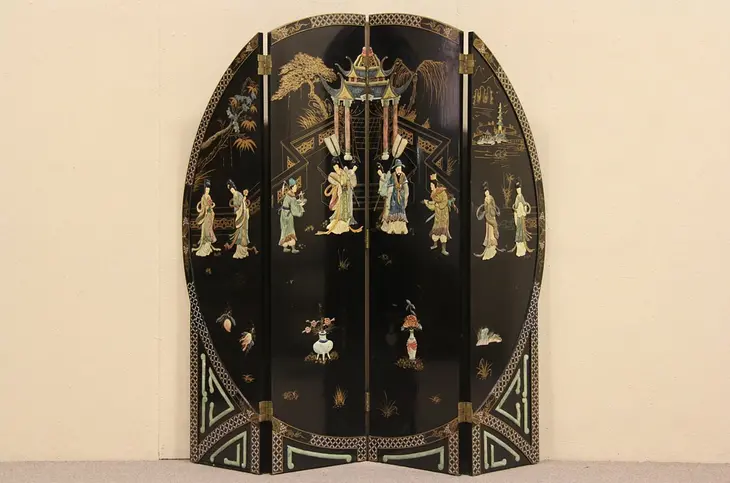 Chinese Arched Lacquer and Hand Painted Hardstone Screen