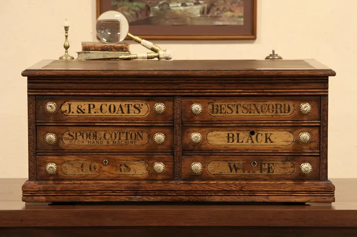 Coats Antique 1900 Oak Spool Cabinet Desk, Jewelry Chest