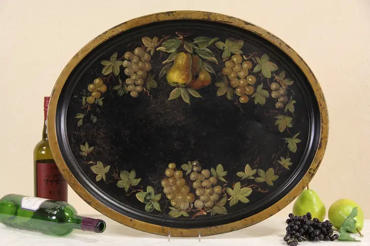 Toleware Painted Grapes Antique 1880 Tin Serving Tray