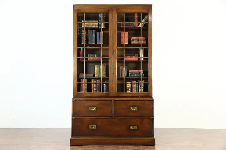 English Antique 1920 Mahogany Campaign Bookcase, Brass Mounts, Glass Doors