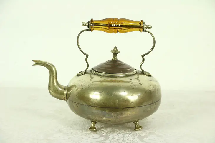 Brass Antique Tea Kettle, Copper Lid & Glass Handle, Signed JCB