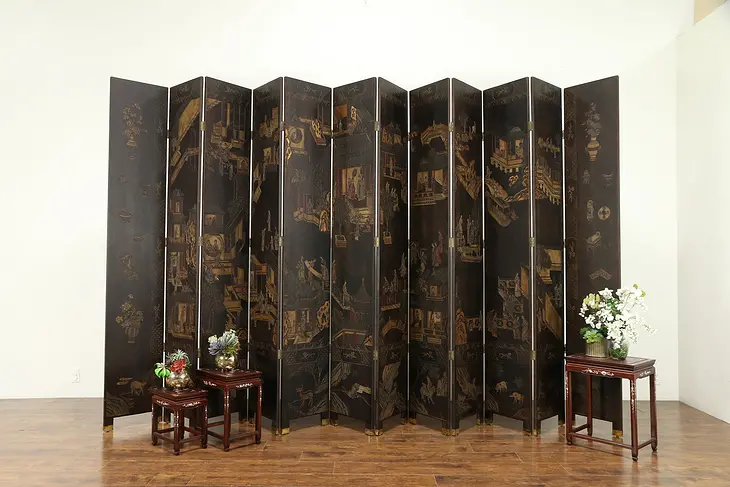 Chinese Antique 12 Panel Hand Painted Large Coromandel Screen, 16'  #31218