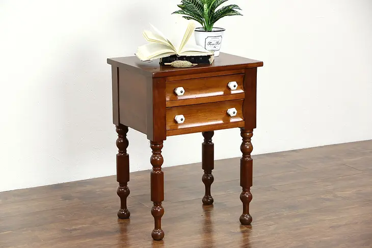 Cherry and Pine Country Sheraton 1835 Nightstand, End or Side Table, Glass Knobs