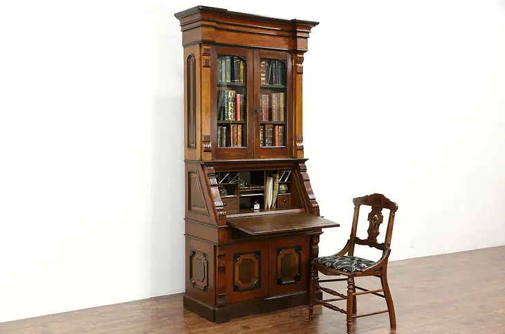 Victorian Renaissance 1860 Walnut & Burl Library Secretary Desk & Bookcase