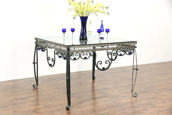 Wrought Iron Verdigris Display or Wine & Cheese Tasting Table, Glass Balls