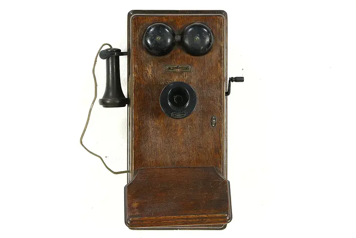 Oak Antique Crank Wall Phone, Signed Western Electric