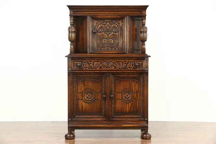 English Tudor Style 1920 Antique Carved Oak Bar or China Cabinet