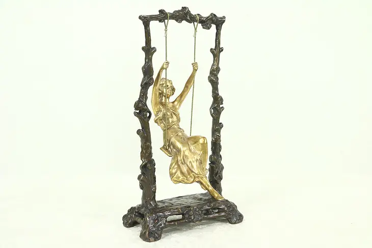 Bronze Antique Art Nouveau Sculpture of Girl on a Swing, Signed Aug. Moreau