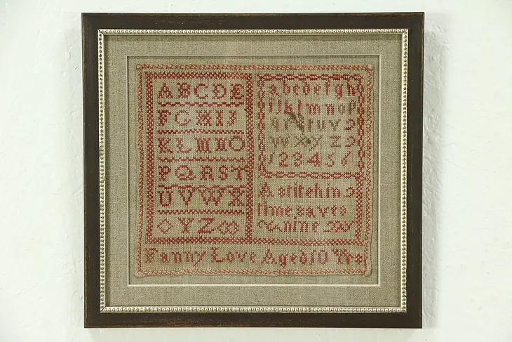 Sampler Hand Stitched 1840 Antique, Signed Fannie Love Aged 10 Yrs