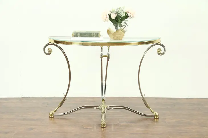 Brass & Nickel Beveled Glass Contemporary Demilune Console Table Horse Hoof Feet