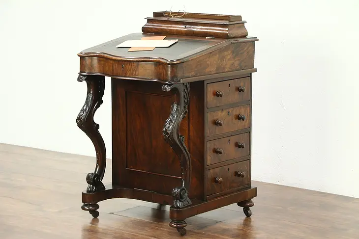 Ship Captain or Antique Walnut Davenport Desk, Tooled Leather, England #28834