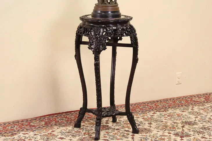 Carved Chinese 1900 Antique Rosewood Pedestal or Stand, Round Marble Top