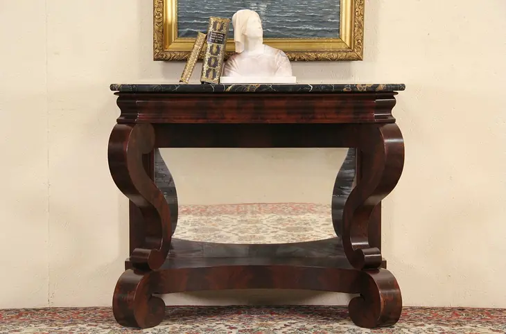 Empire 1840 Antique Marble Top Petticoat Table, Hall Console or Server