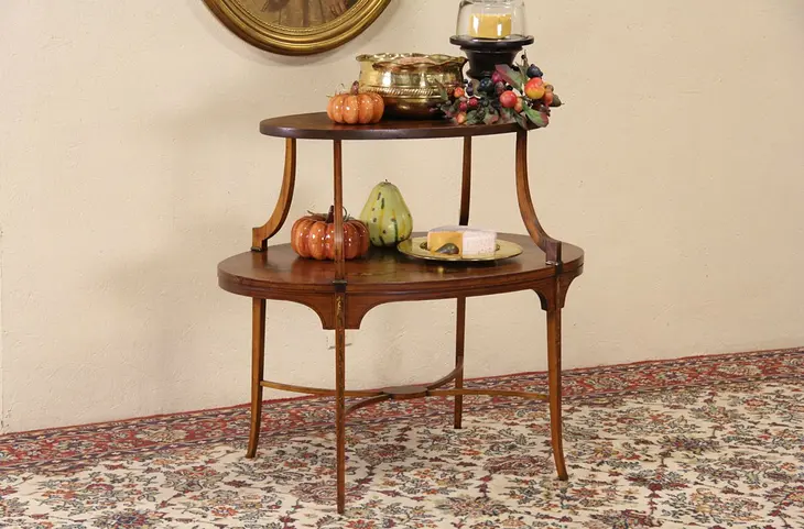 Oval Two Tier 1915 Antique Table, Hand Painted Satinwood