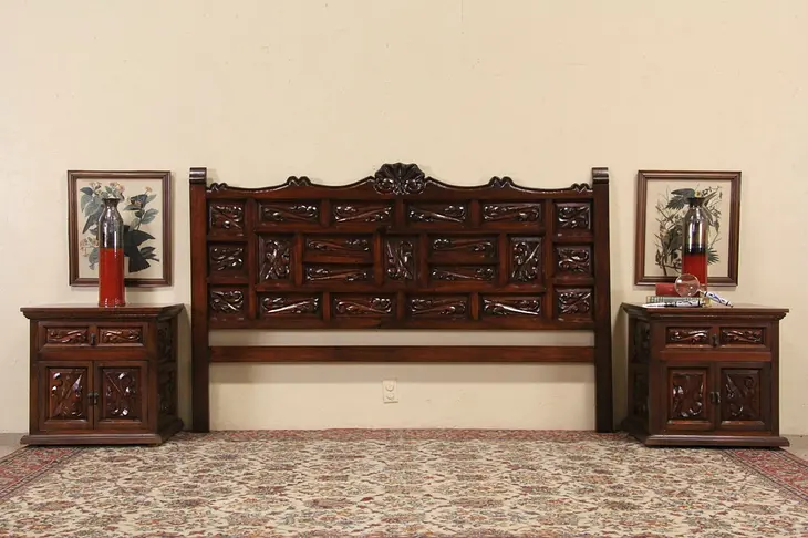 Spanish Colonial Carved Pine King Size Bedroom Set, Headboard & 2 Nightstands