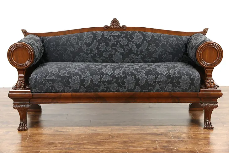 Greek Revival Empire 1920's Mahogany Sofa, Carved Lion Heads, Newly Upholstered