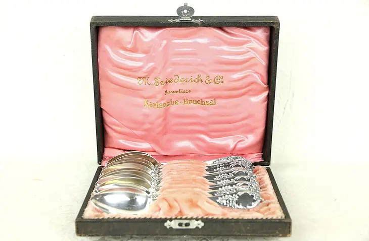 Set of 12 Antique 800 Silver Dessert or Coffee Teaspoons, Germany, Boxed