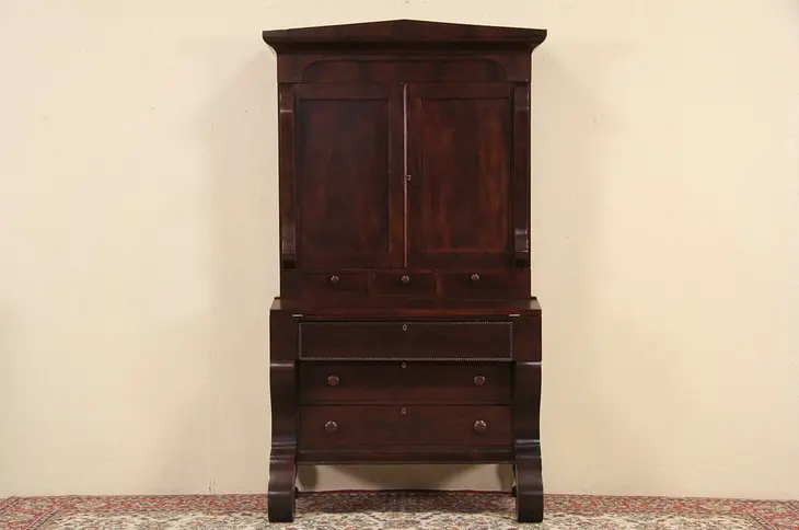Empire 1840 Antique Mahogany Secretary Desk, Bookcase Top