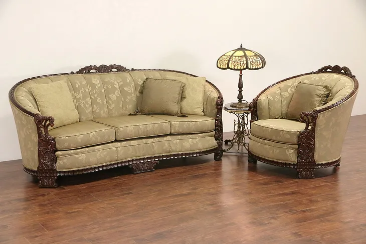 Carved Sofa & Club Chair Set, 1930's Vintage, Recent Upholstery