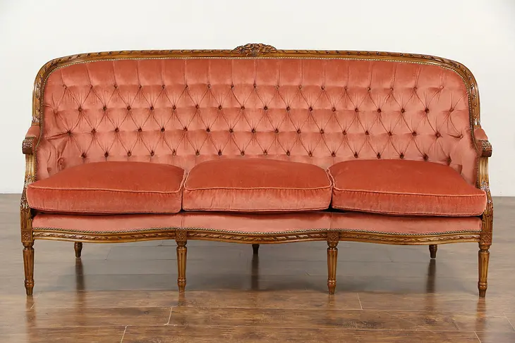 French Louis XVI Style Vintage Carved Sofa, Tufted Upholstery