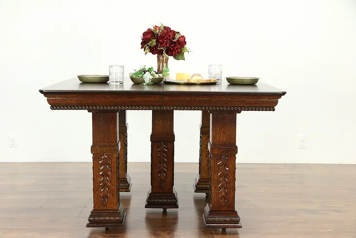 Victorian Square Oak Antique Dining Table, 6 Leaves, Extends 10' #30096