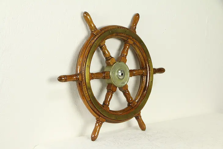 Oak Antique 1920 Salvage Ship or Boat Wheel, Brass Mounts #31921