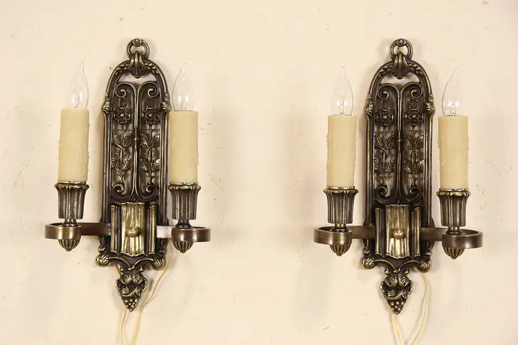 Pair of Bronze Vintage Double Wall Sconces or Lights, Beeswax Candles