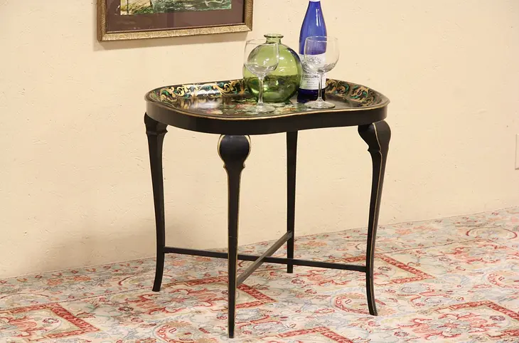 Toleware Painted 1860 Antique Tray and Stand, Coffee Table
