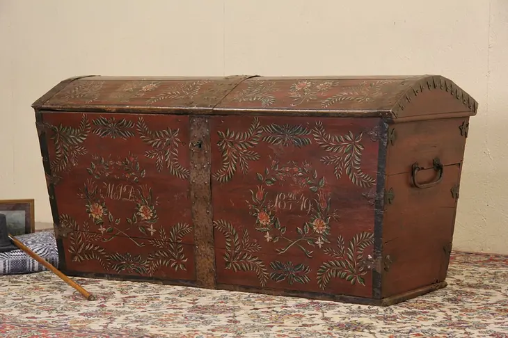 Swedish Antique Painted Wedding Dowry Chest or Trunk, Dated 1849