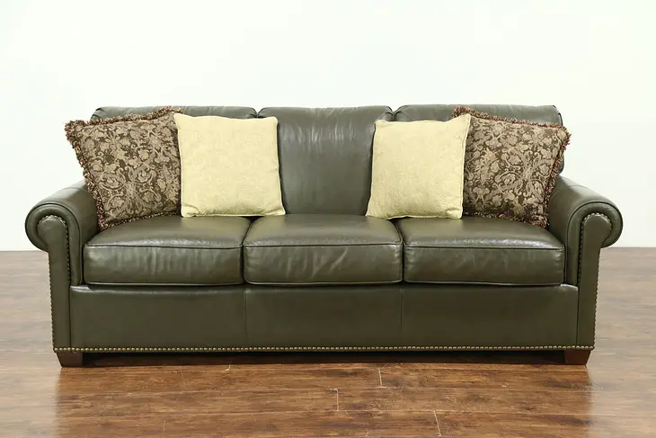 Leathercraft Signed Green Leather 3 Cushion Sofa, Brass Nailhead Trim #28792