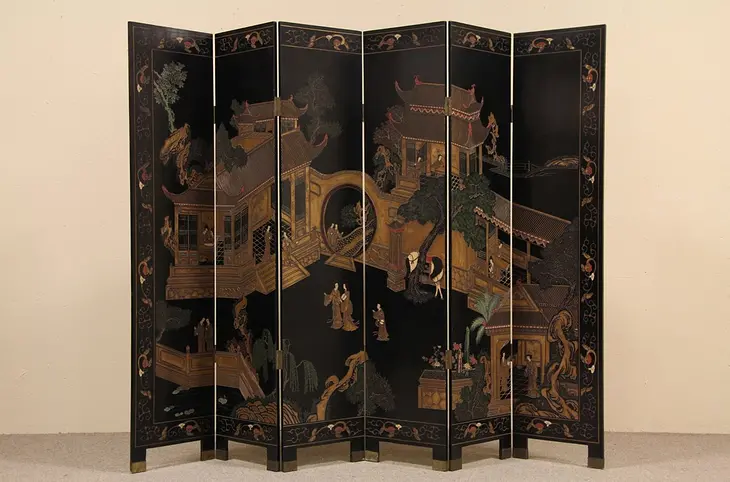 Coromandel Carved 6 Panel Chinese Screen