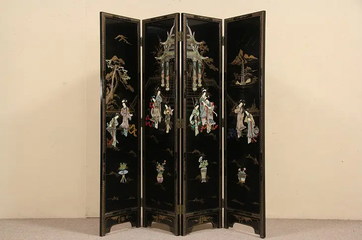 Carved Hardstone & Painted Lacquer Vintage Chinese Screen