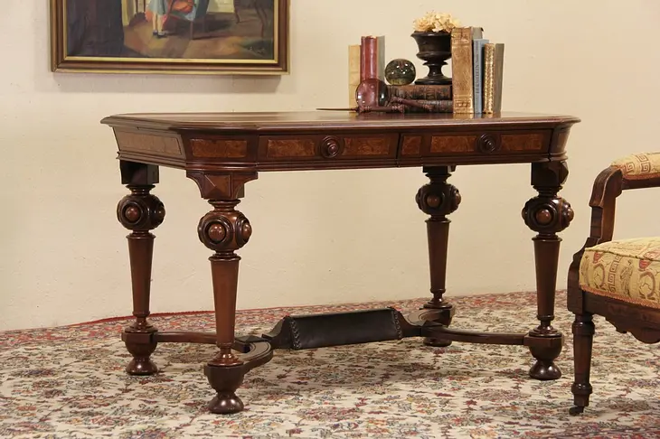 Victorian Renaissance 1870 Antique Library Table Writing Desk