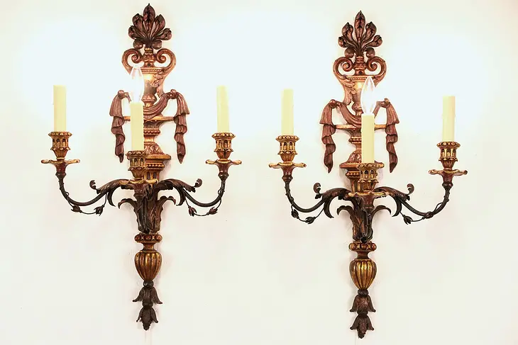 Italian Pair of 1915 Antique 3 Candle Carved Wood & Wrought Brass Sconce Lights