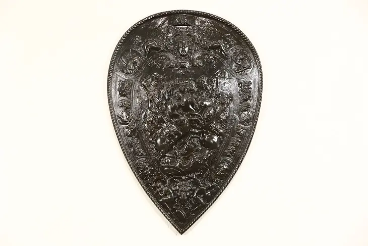 German late 1800's Antique Embossed Iron Shield, Knights in Battle