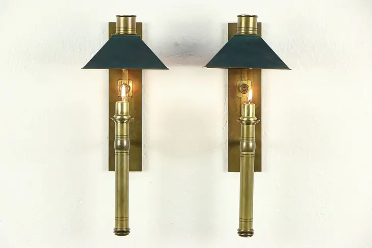 Pair of Brass Arts & Crafts Antique 1900 Wall Candle Sconces, Shades