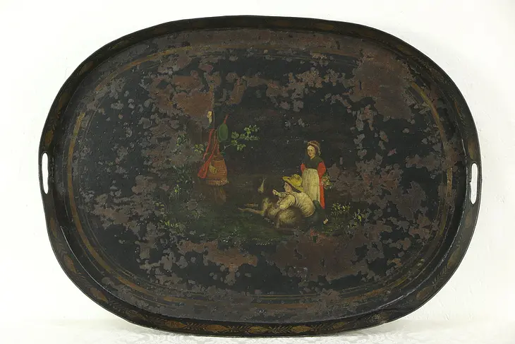 Toleware 1850 Antique Tray, Hand Painted Children & Dog Hunting Scene