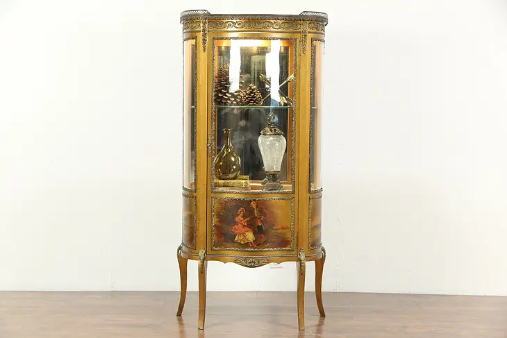 French Vernis Martin Antique Curved Glass Vitrine or Curio Display Cabinet