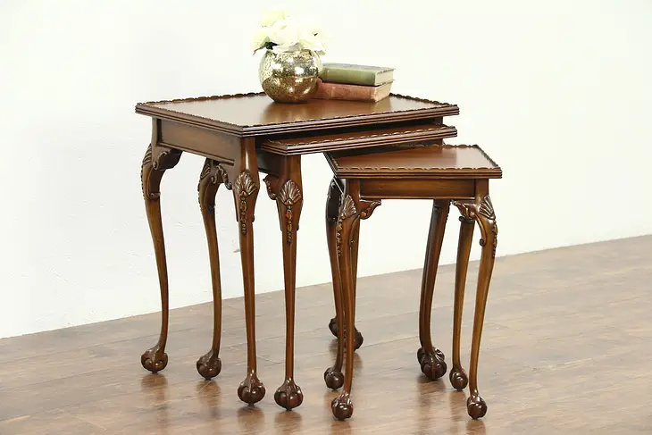 Set of 3 Traditional Georgian Carved Mahogany Vintage Nesting Tables