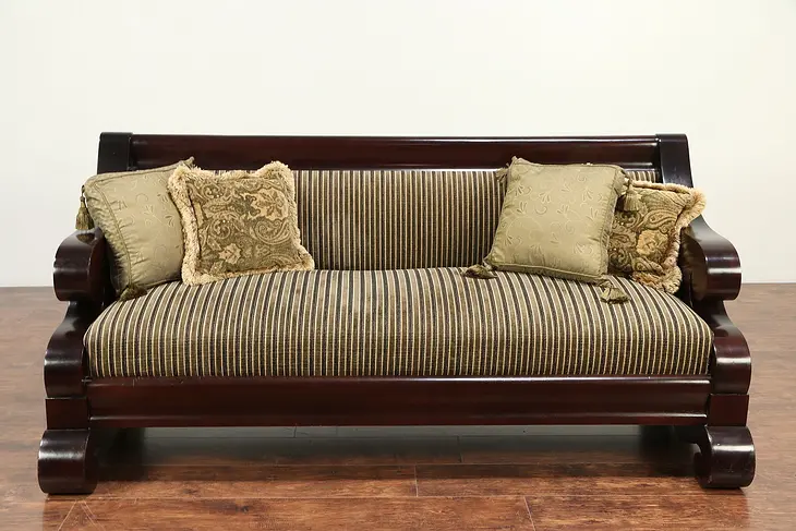 Empire Antique 1900 Flame Mahogany Sofa, Recent Upholstery  #29260