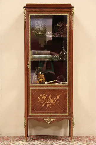 Curio Display Cabinet or Vitrine, Vintage Marquetry & Brass Mounts