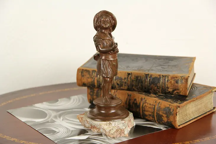 Bronze 1890's Antique Sculpture of a Young Girl, Marble Base