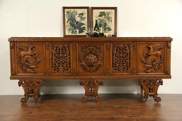 Italian Vintage Console Credenza, Carved Horses, Faces & Dolphins