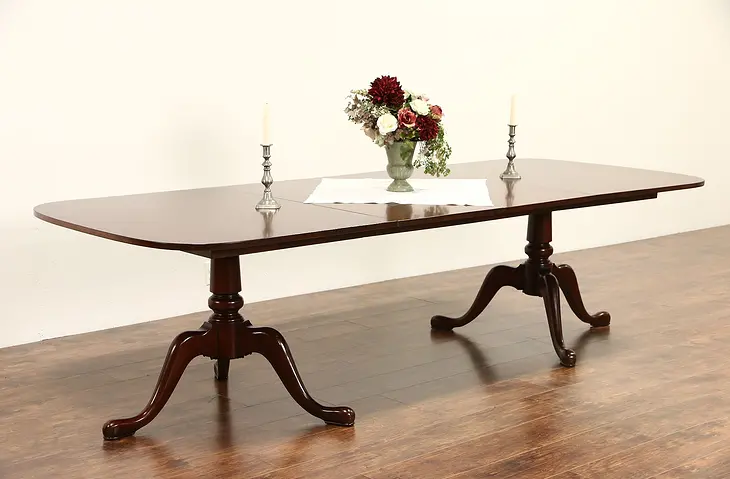 Mahogany Traditional 2 Pedestal 1950 Vintage Dining Table, 2 Leaves Extend 9'