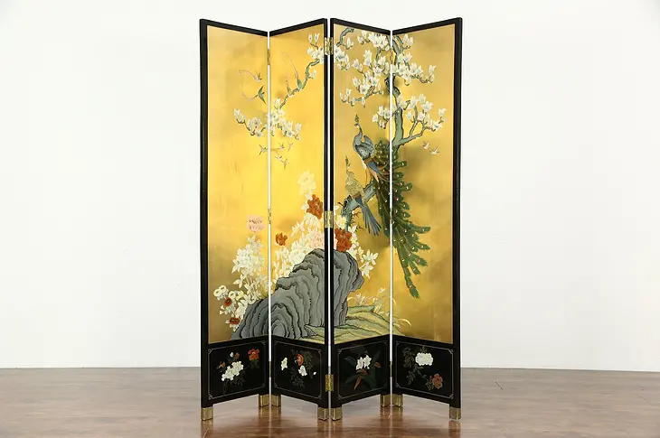 Chinese Peacock 4 Panel Vintage Screen, Gold Leaf & Hand Painted Lacquer