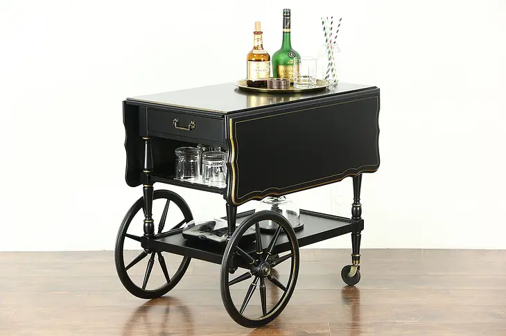 Hekman Signed Vintage Tea Cart or Beverage Trolley, Black Lacquer