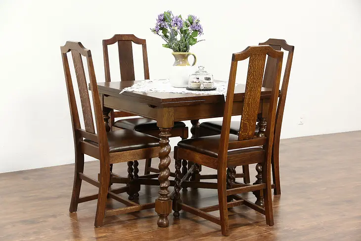 Oak 1920 Antique Game, Dining, Breakfast Kitchen Set, 4 Leather Chairs, England