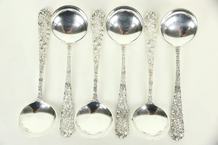 Set of 6 Round Cream Soup Spoons, Repousse Sterling Silver by Kirk Stieff