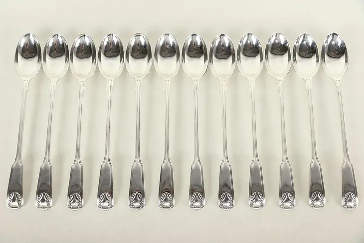 Set of 12 Ice Tea Spoons Kings or Fiddle & Shell Pattern, Atkin England #29299