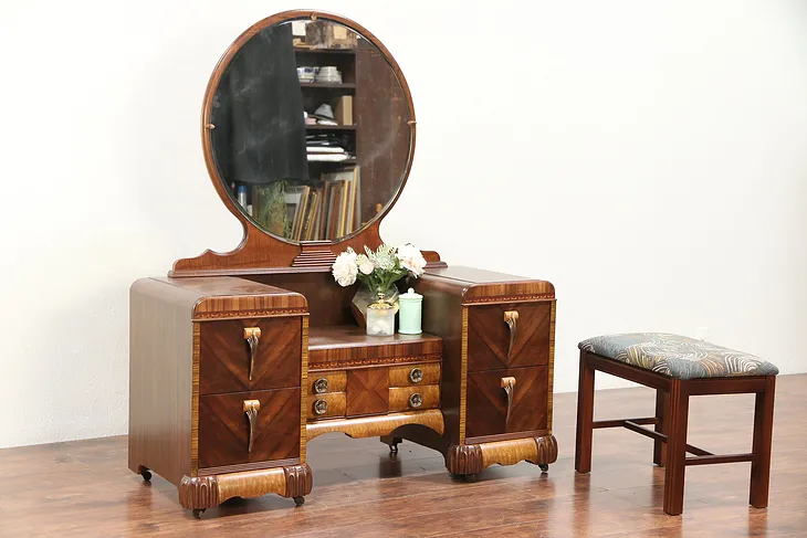 Art Deco Waterfall Vintage Vanity or Dressing Table, Mirror & Bench #29429